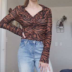 Free People Brown and Black Tiger Print Button Down Shirt